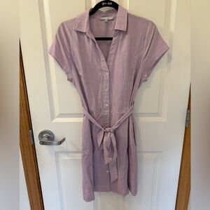 Purple linen blend dress with tie belt